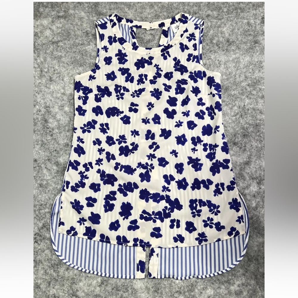 Cabi High Low Tank Shirt Women's S Blue & White Floral Striped Hem Cut Out